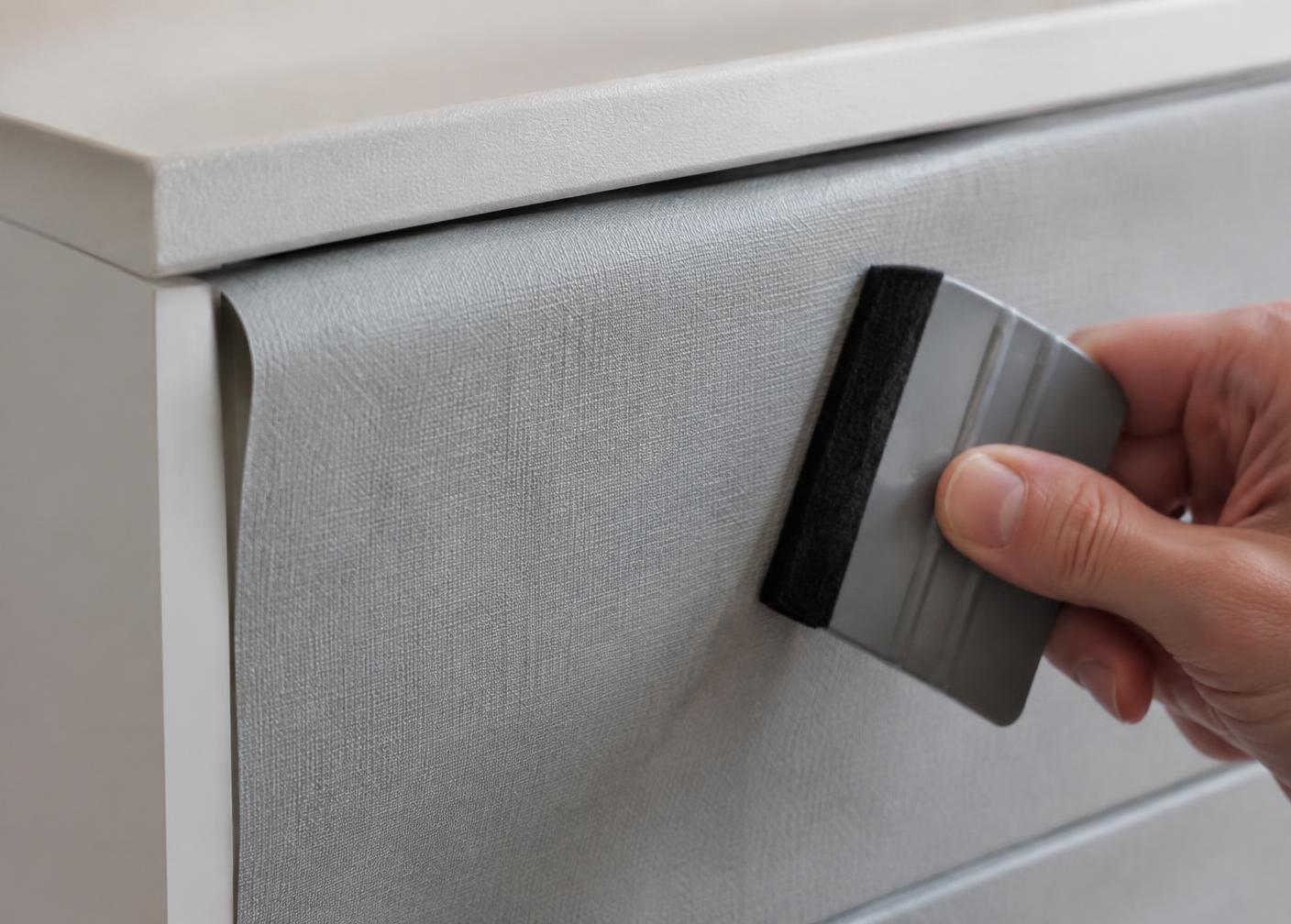 Smoothing a decal onto a drawer front