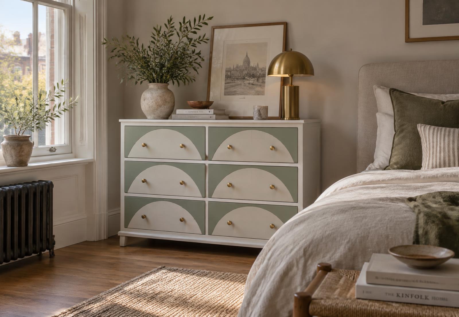 A bedroom with a chest of drawers wrapped in a personalised decal